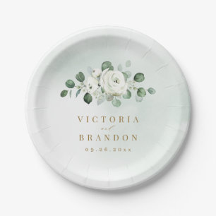 Eucalyptus Greenery white floral rustic wedding Paper Plate