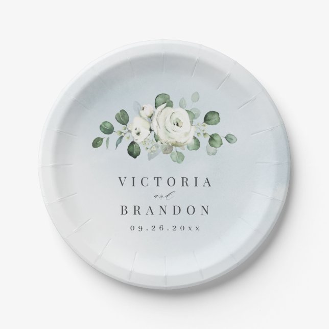 Eucalyptus Greenery white floral rustic wedding Paper Plate (Front)