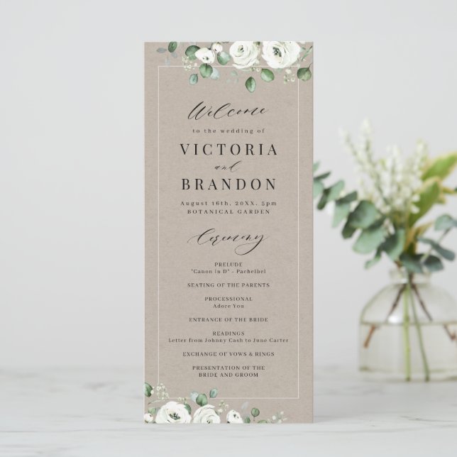 Eucalyptus Greenery white floral rustic wedding Program (Standing Front)