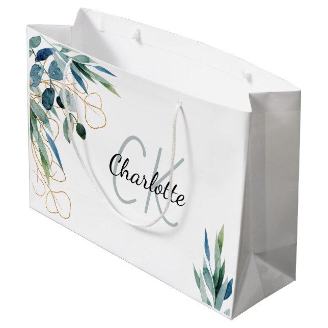 Eucalyptus greenery white gold monogram large gift bag (Back Angled)