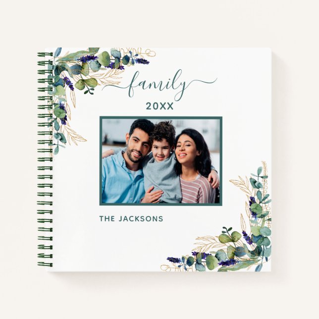 Eucalyptus greenery white name family photo notebook (Front)