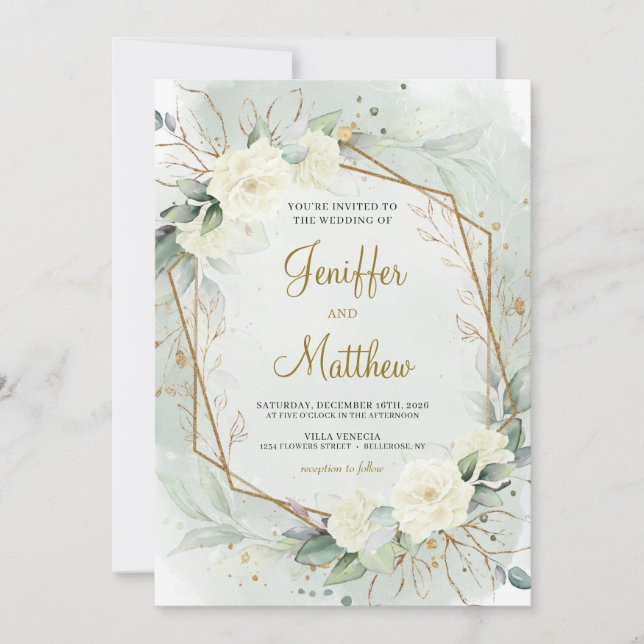 Eucalyptus Greenery White Roses Gold Wedding Invitation (Front)