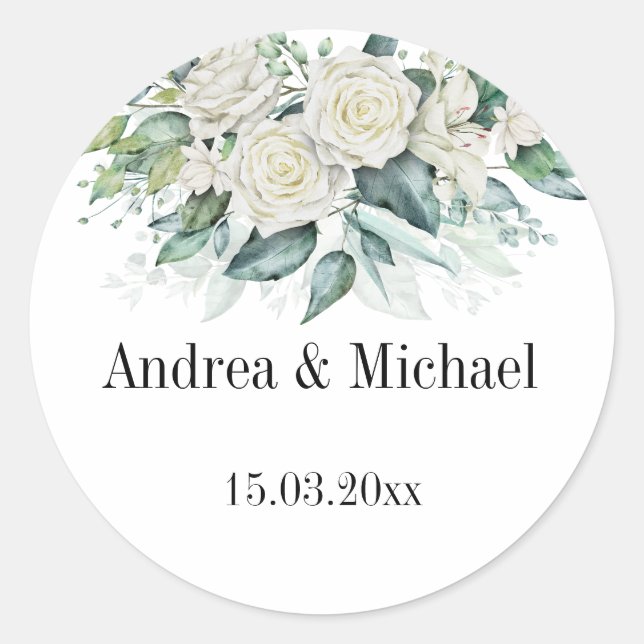 Eucalyptus greenery white roses personalised classic round sticker (Front)