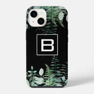 Eucalyptus greenery woodland ferns monogram black iPhone 14 case