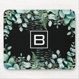 Eucalyptus greenery woodland ferns monogram black mouse pad