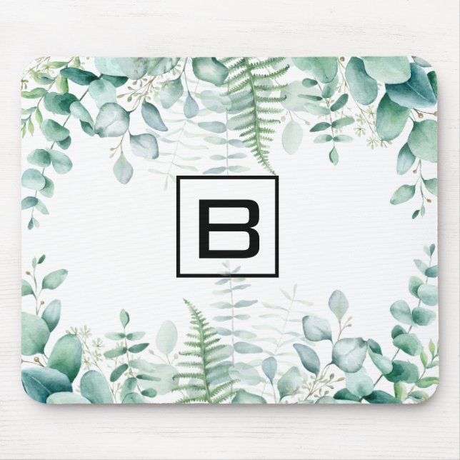 Eucalyptus greenery woodland ferns monogram mouse pad (Front)