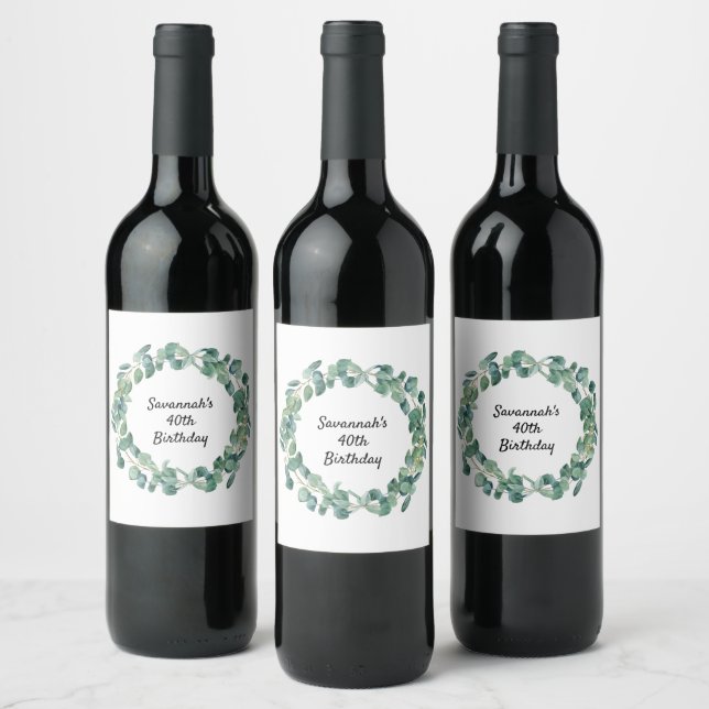 Eucalyptus greenery wreath birthday party wine label (Bottles)