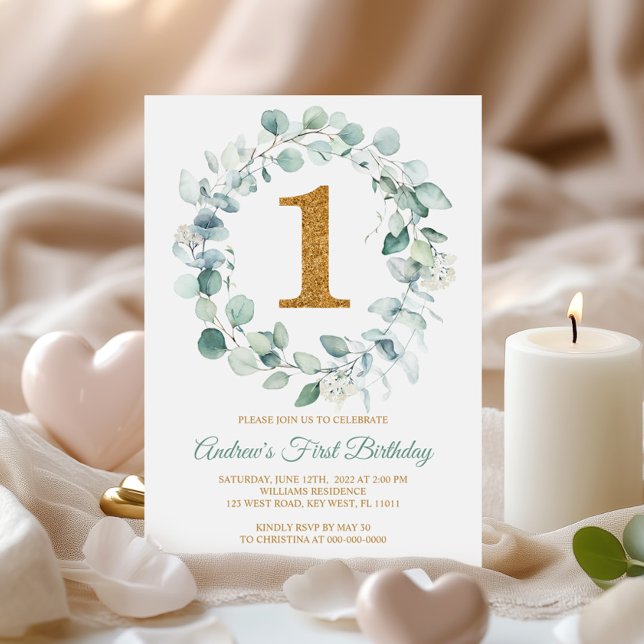 Eucalyptus Greenery Wreath First Birthday Invitation (Creator Uploaded)