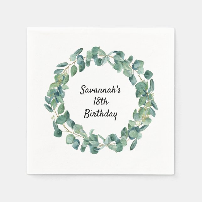 Eucalyptus greenery wreath name script birthday napkin (Front)