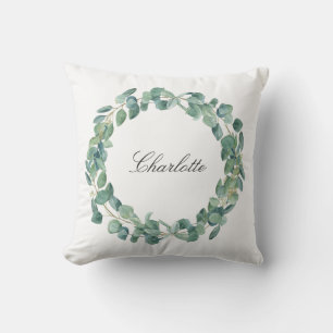 Eucalyptus greenery wreath name white cushion