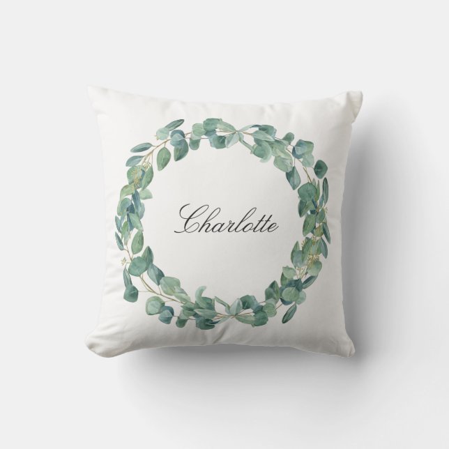 Eucalyptus greenery wreath name white cushion (Front)