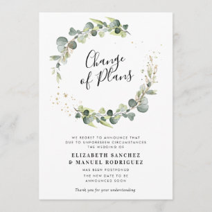 eucalyptus greenery wreath postponed wedding card