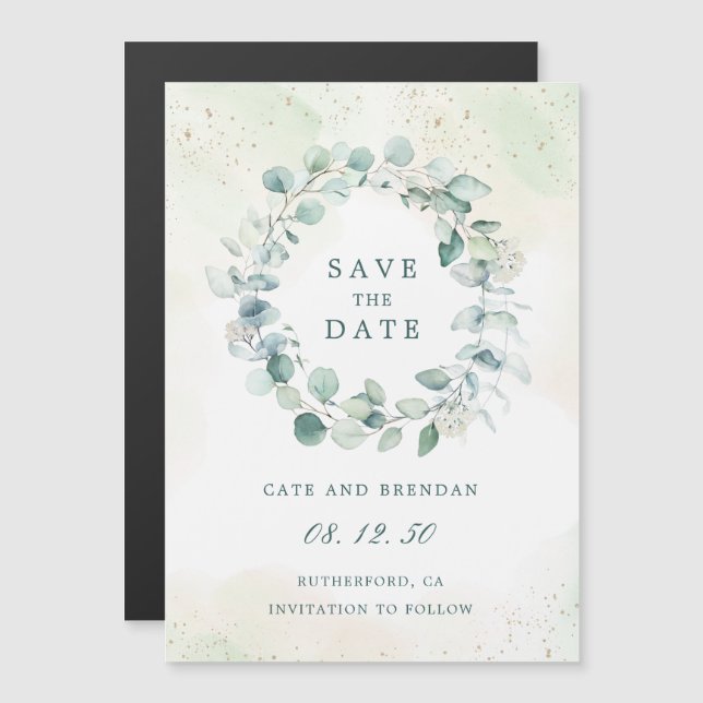 Eucalyptus Greenery Wreath Wedding Save The Date Magnetic Invitation (Front/Back)