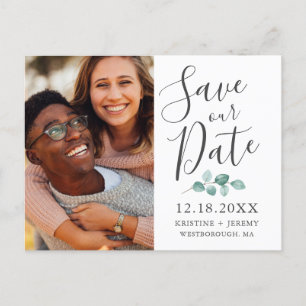 Eucalyptus Grey Script Photo Save Our Date Announcement Postcard