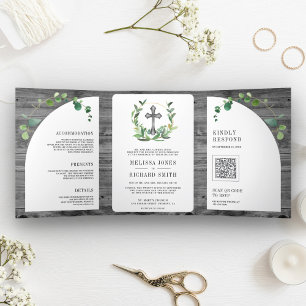 Eucalyptus Grey Wood Cross Catholic Wedding Tri-Fold Invitation