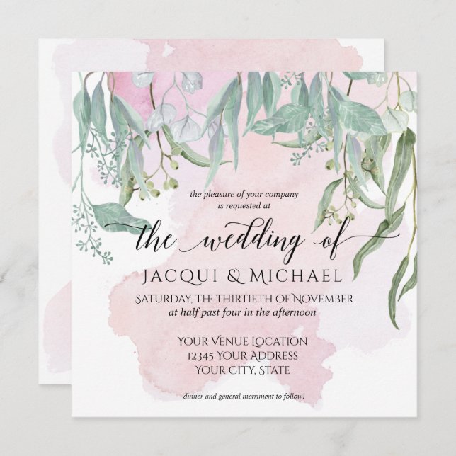 Eucalyptus Grove Modern Blush Wash Foliage Wedding Invitation (Front/Back)