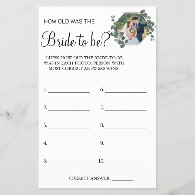 Eucalyptus Guess how old was She shower game card (Front)