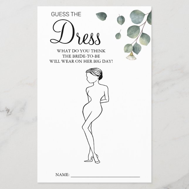 Eucalyptus Guess the Dress Bridal shower game card (Front)