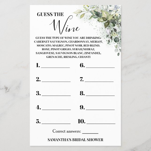 Eucalyptus Guess the Wine Bridal Shower Game Card (Front)