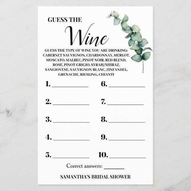 Eucalyptus Guess the Wine Couples Shower Game Card (Front)