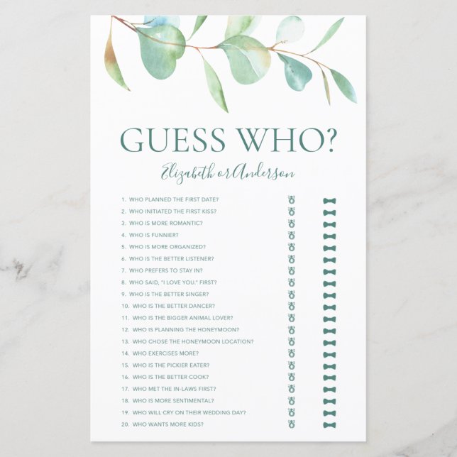 Eucalyptus Guess Who Bridal Shower Game (Front)