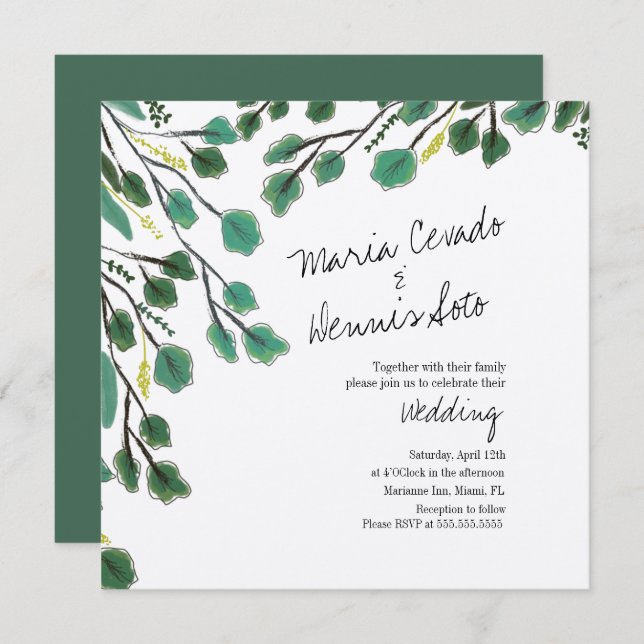 Eucalyptus Hand Drawn Leaf Script Wedding Kraft Invitation (Front/Back)