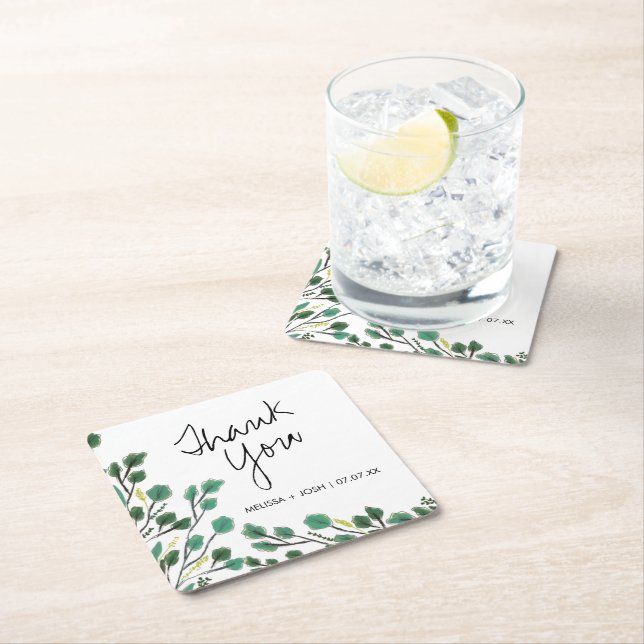 Eucalyptus Hand Drawn Leaf Thank You   Square Paper Coaster (Insitu)