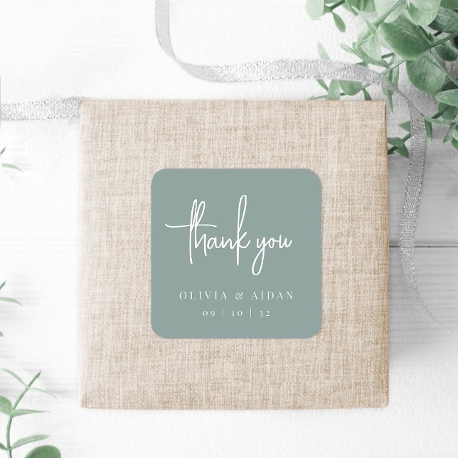 Eucalyptus | Handwritten Script Wedding Thank You Square Sticker (Creator Uploaded)