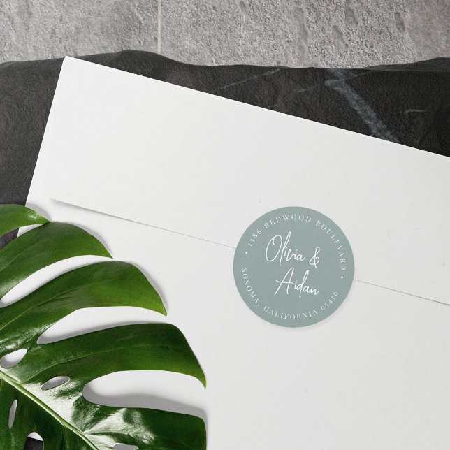Eucalyptus Handwritten Wedding Return Address Classic Round Sticker (Creator Uploaded)