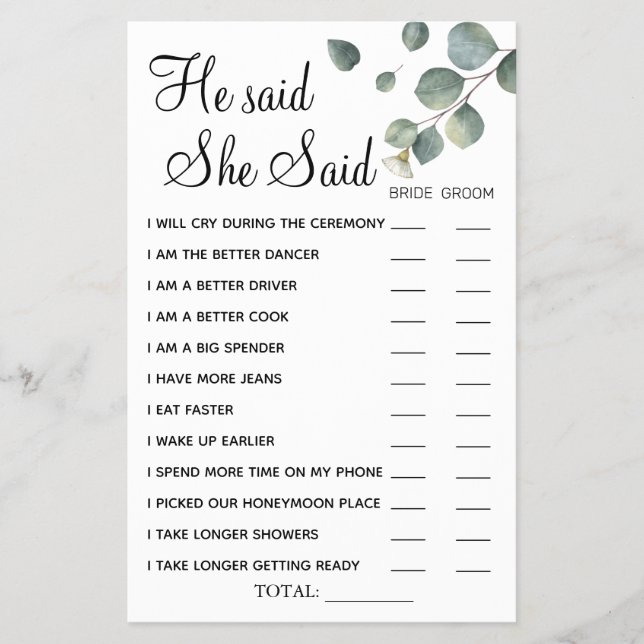 Eucalyptus He said She Said shower game card (Front)