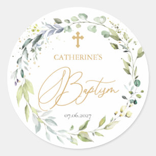 Eucalyptus Herbal Cross Baby Baptism  Classic Round Sticker