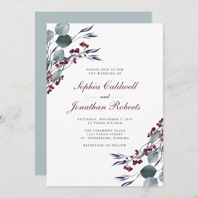 Eucalyptus Holly Berries QR Code RSVP Wedding Invitation (Front/Back)
