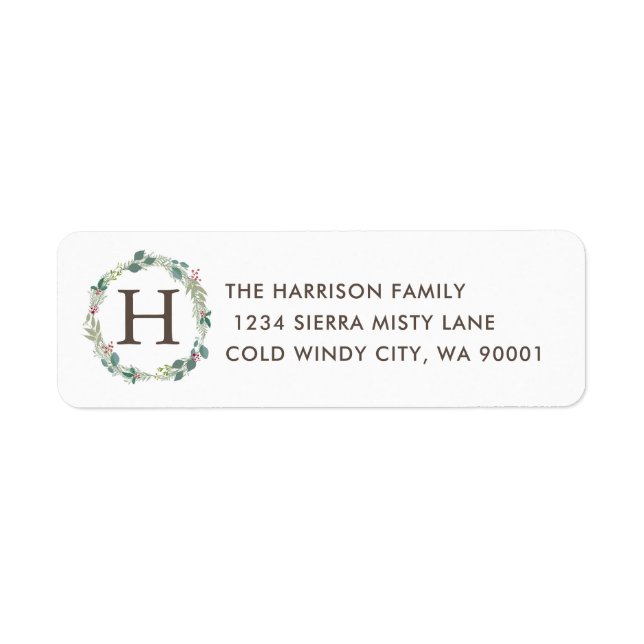 Eucalyptus Holly Juniper Wreath Monogram Address Return Address Label (Front)