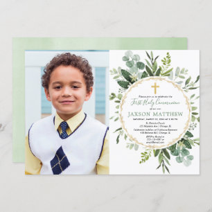Eucalyptus holy communion, greenery modern photo invitation