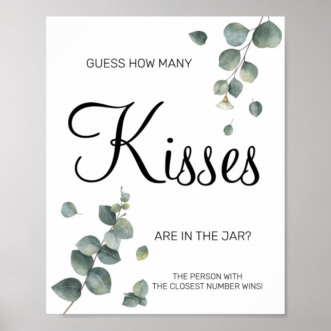 Eucalyptus How many kisses Bridal shower game sign (Front)