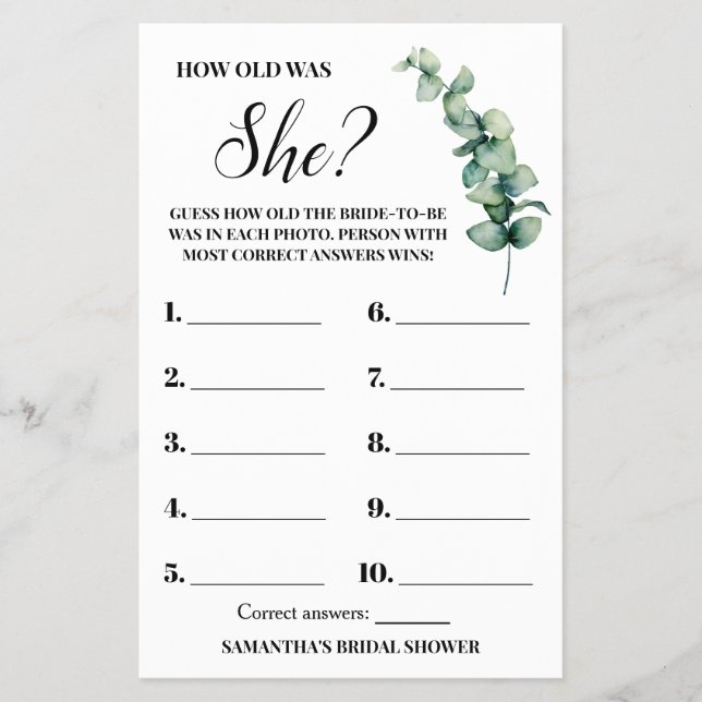 Eucalyptus How old was She Bridal Shower Game Card (Front)
