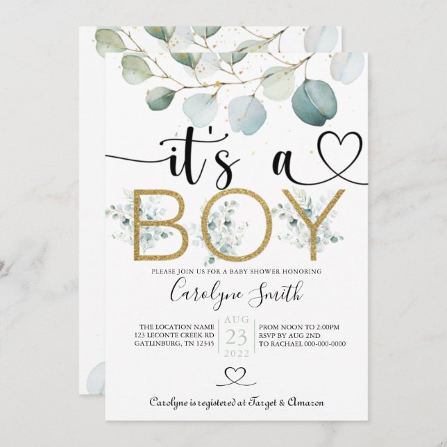 Eucalyptus It's A Boy Baby Shower Editable Invitat Invitation (Front/Back)