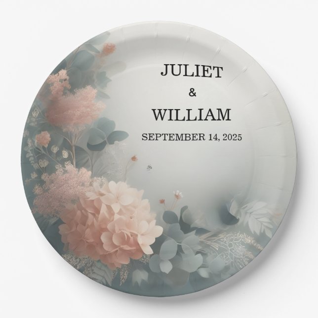 Eucalyptus Lace Tulle Pastel Dusty Blue Wedding Paper Plate (Front)