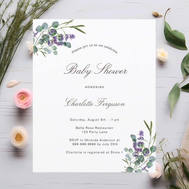 Eucalyptus lavender baby shower budget invitation (Creator Uploaded)