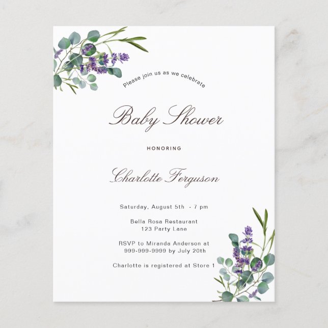 Eucalyptus lavender baby shower budget invitation flyer (Front)