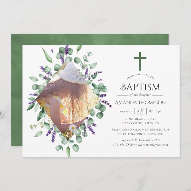 Eucalyptus Lavender Baptism or Christening Invitation (Front/Back)