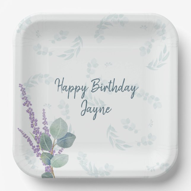 Eucalyptus Lavender Botanical Birthday Party Paper Plate (Front)