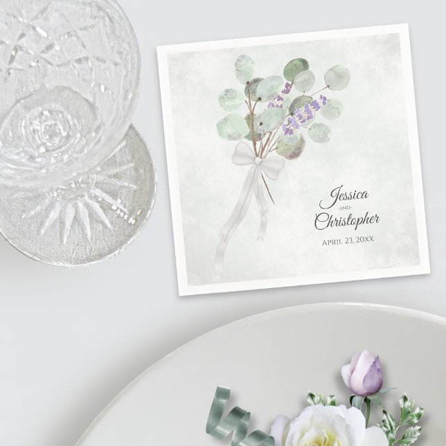 Eucalyptus & Lavender Bouquet Elegant Wedding Napkin (In Situ with Plate)