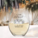 Eucalyptus Lavender Bridesmaid Maid of Honour Gift Stemless Wine Glass<br><div class="desc">This set is the perfect choice for thanking the bridesmaids and maid of honour at your wedding. The beautiful boho chic design features a bouquet of hand painted watercolor sprigs of eucalyptus leaves and lavender flowers in shades of sage green and light purple. Her name & title appears in elegant...</div>
