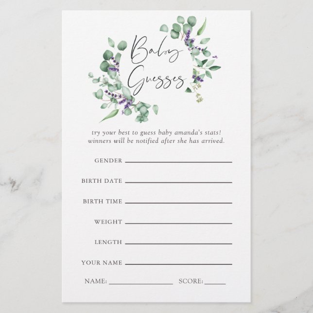 Eucalyptus Lavender Greenery Baby Shower Game (Front)