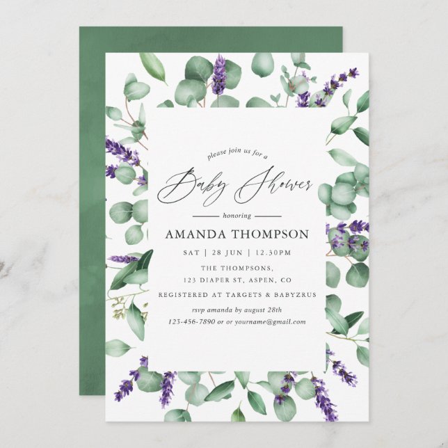 Eucalyptus Lavender Greenery Baby Shower Invitation (Front/Back)