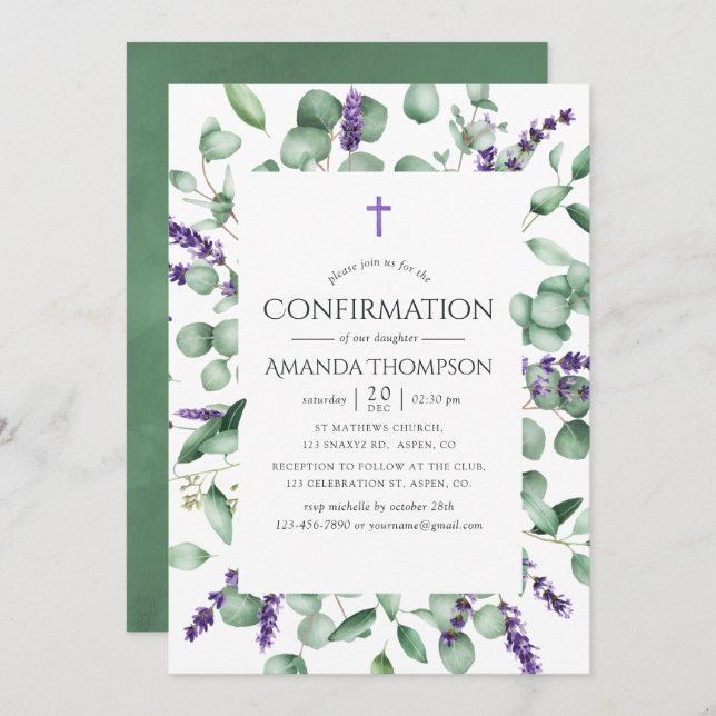 Eucalyptus Lavender Greenery Confirmation Invitation (Front/Back)