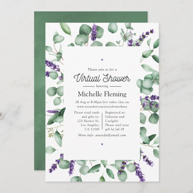 Eucalyptus Lavender Greenery Virtual Shower Invitation (Front/Back)