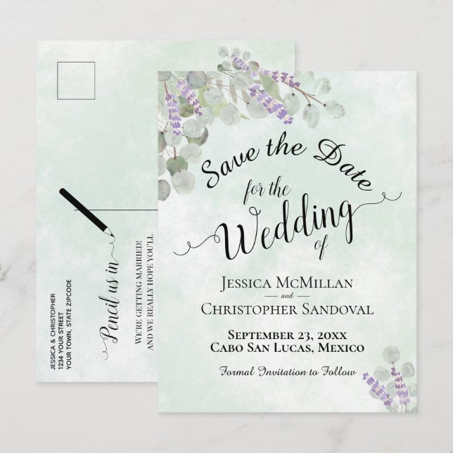 Eucalyptus & Lavender Mint Wedding Save the Date Announcement Postcard (Front/Back)
