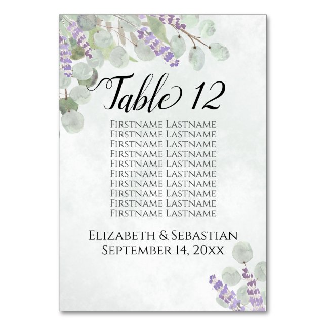 Eucalyptus & Lavender Rustic Wedding Seating Chart Table Number (Front)
